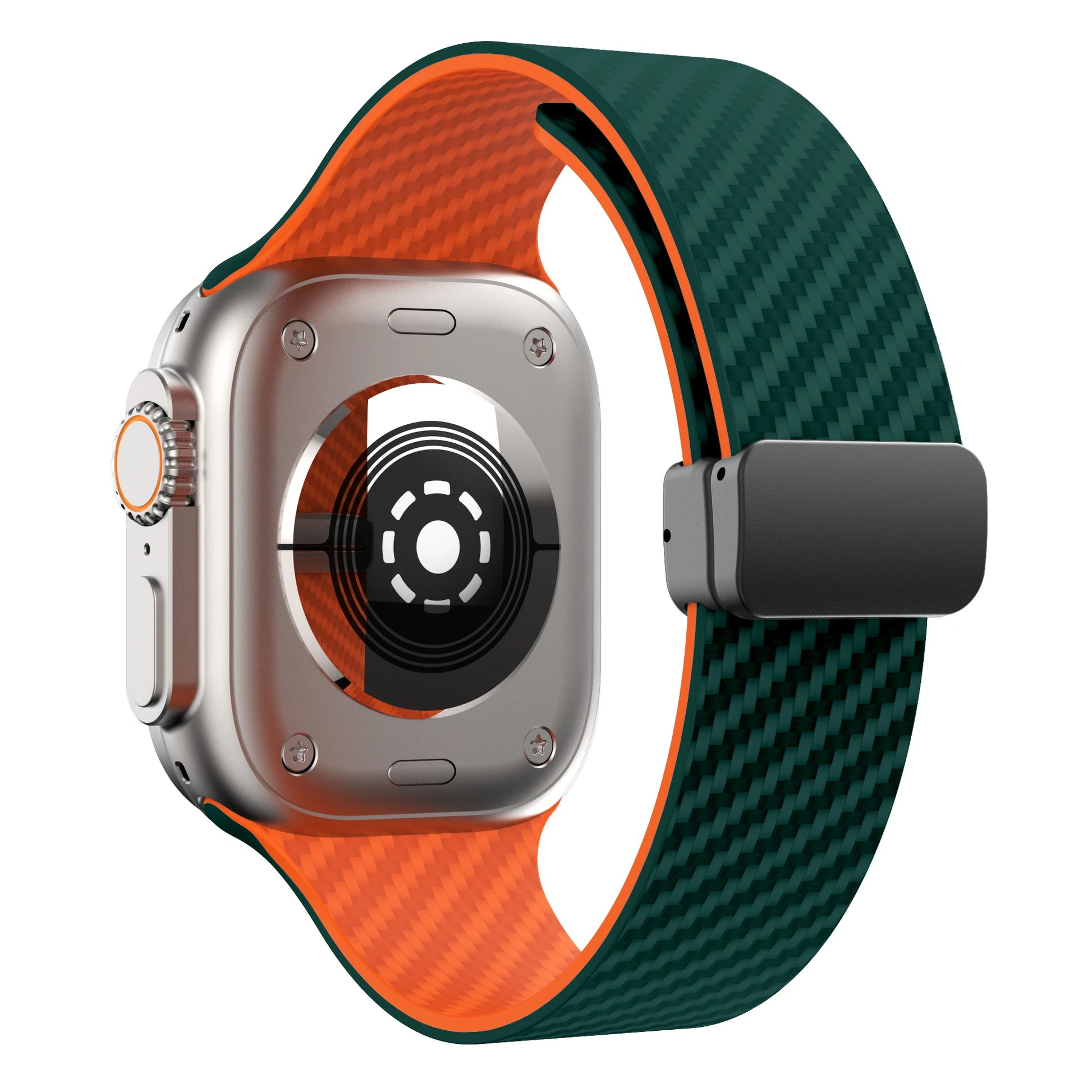 Apple Watch with green and orange silicone strap, featuring a magnetic buckle for secure closure and comfort.