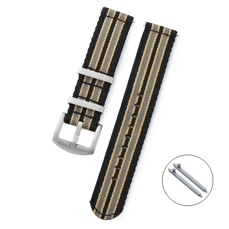 COROS Nylon Band with Rectangular Metal Keepers – Black / Gray / Yellow Stripes