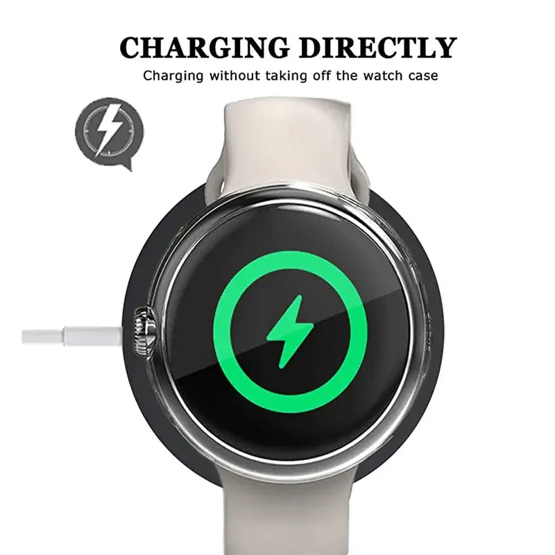 Pixel Watch case shown with a charging cable