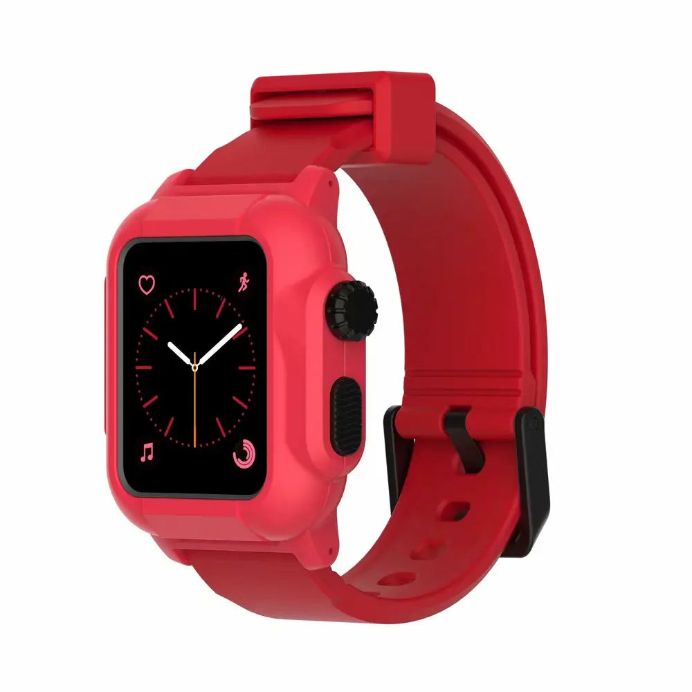 Apple Watch with a red silicone strap featuring a waterproof luminous design, perfect for sports and versatility.