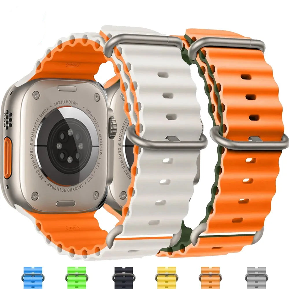 Apple Watch with silicone straps in orange and white, showcasing waterproof and breathable design for active lifestyles.