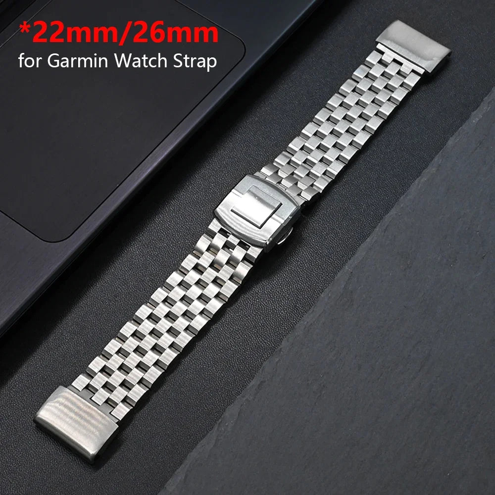 Garmin stainless steel strap for smartwatch, replacement band in 22mm/26mm sizes, offering durability and style.