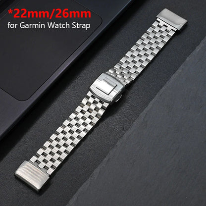 Garmin stainless steel strap for smartwatch, replacement band in 22mm/26mm sizes, offering durability and style.