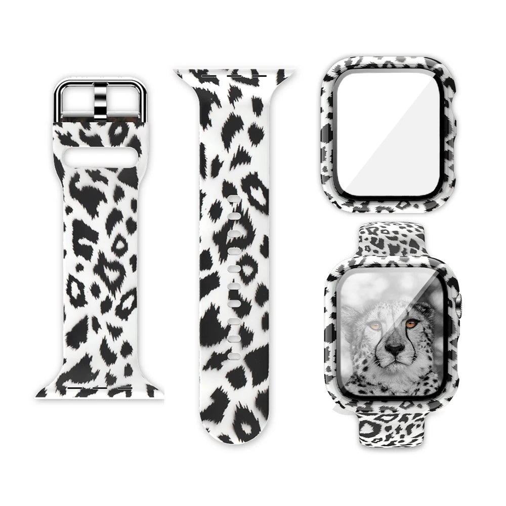 Apple Watch silicone strap with unique leopard print designs and matching watch case.
