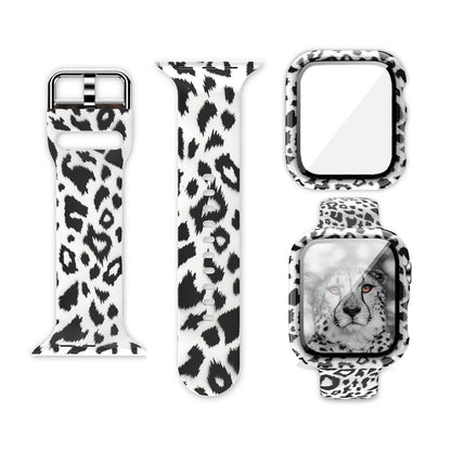 Apple Watch silicone strap with unique leopard print designs and matching watch case.