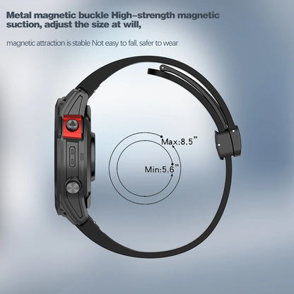 Garmin silicone smartwatch strap featuring a metal magnetic buckle and adjustable size for optimal comfort and fit.