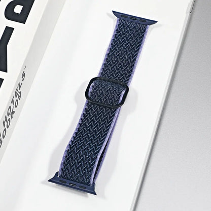 Navy blue nylon sport loop strap for Apple Watch, showcasing breathable fabric for style and comfort.