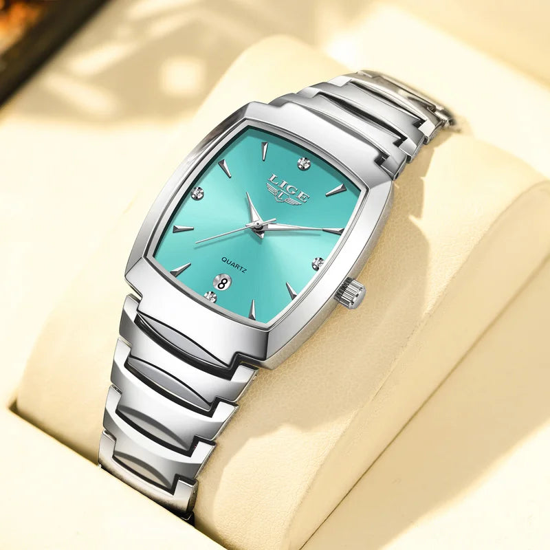 Women's Sculpted Bracelet Tonneau Quartz Watch — Silver Tone / Turquoise Dial — BandsCo Straps