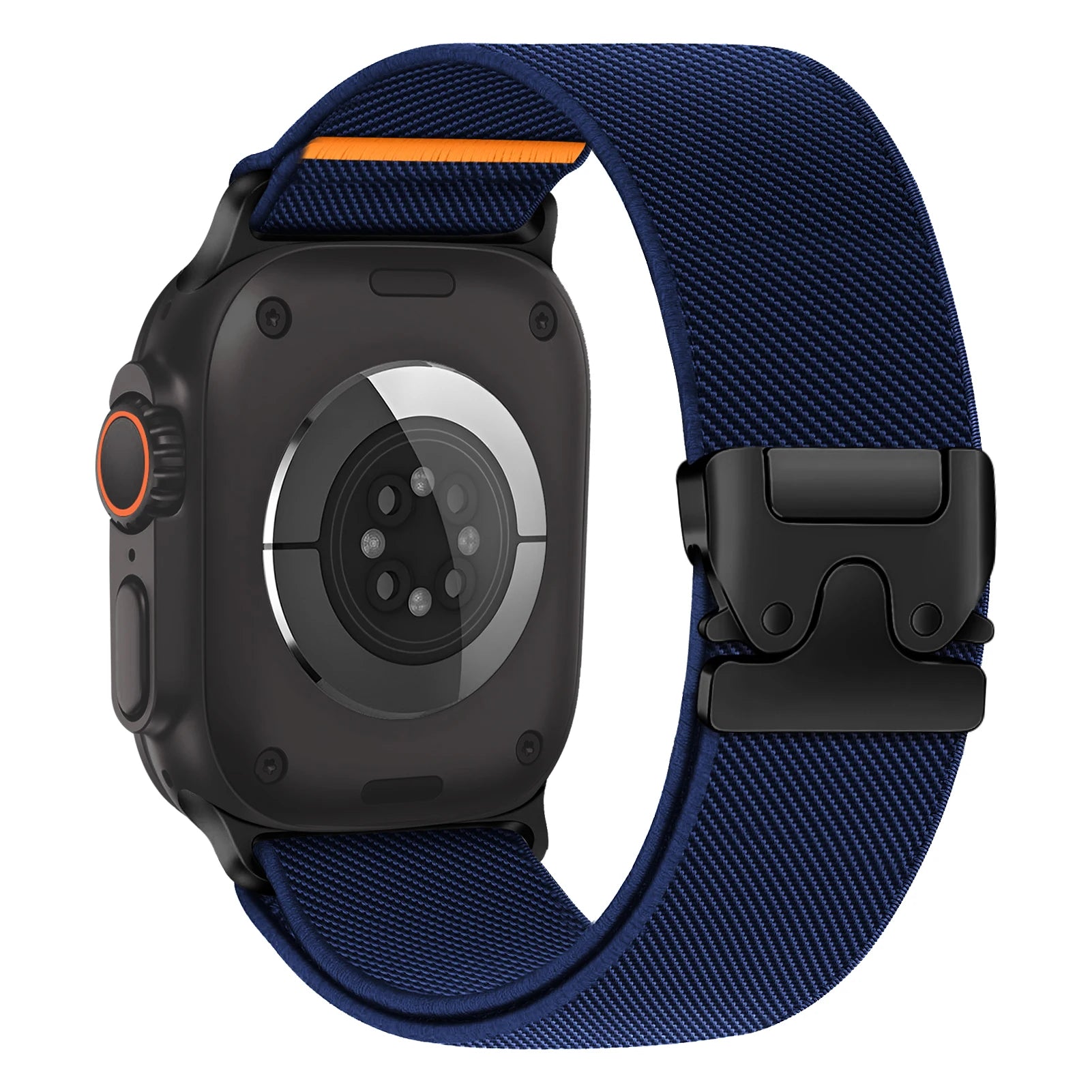 Apple Watch with durable nylon strap in navy, featuring a secure buckle for comfortable daily wear.