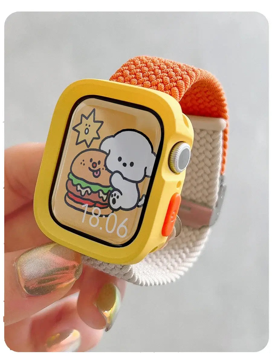 Orange and ivory woven Apple Watch band with yellow case