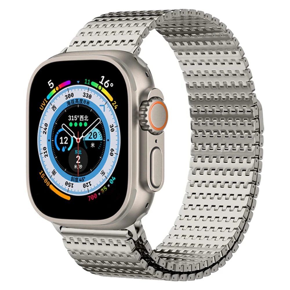 Apple Watch with stainless steel Milanese loop band featuring magnetic clasp and colorful display.