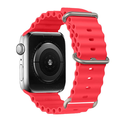 Apple Watch with a vibrant red silicone strap, waterproof and breathable for active lifestyles.