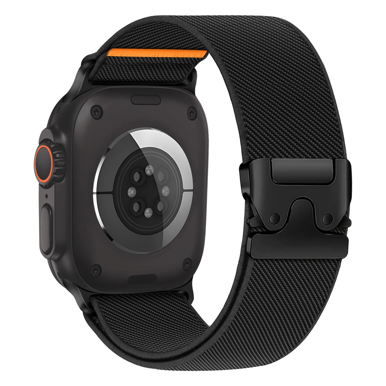 Apple Watch with a black nylon strap showcasing a flexible, durable design and secure buckle for comfortable wear.