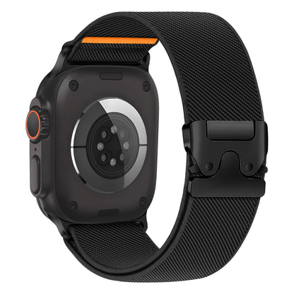 Apple Watch with a black nylon strap showcasing a flexible, durable design and secure buckle for comfortable wear.