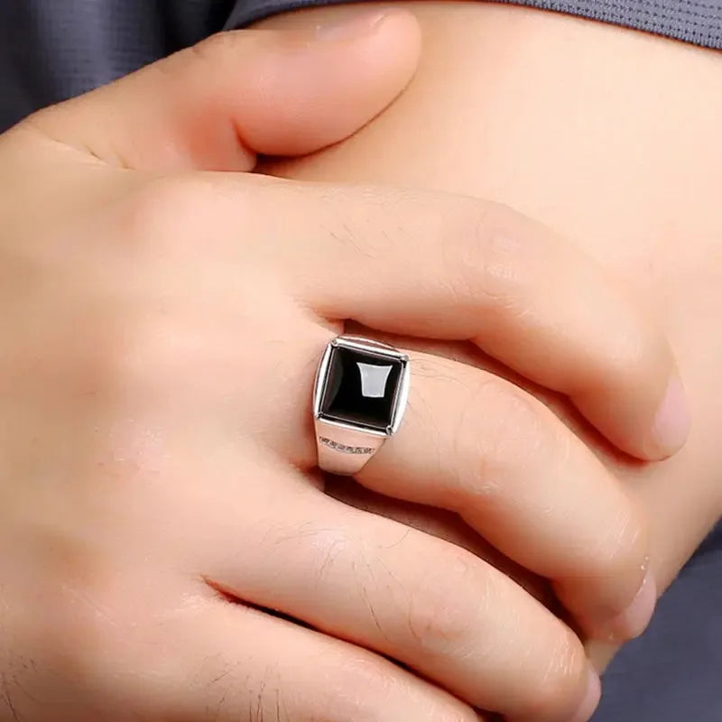 Black Agate Geometric Ring, 925 Sterling Silver - view 10