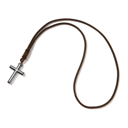 Simulated Hematite Cross Pendant Cord Necklace