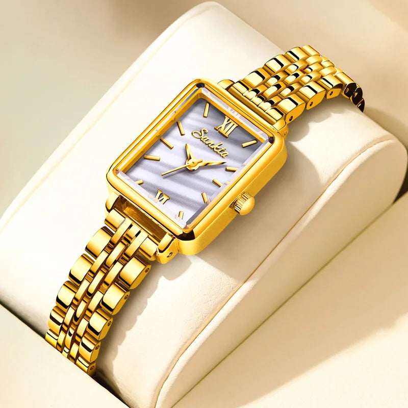 Women's Rectangular Pearl-Effect Dial Watch — Gold Tone / White Dial — BandsCo Straps