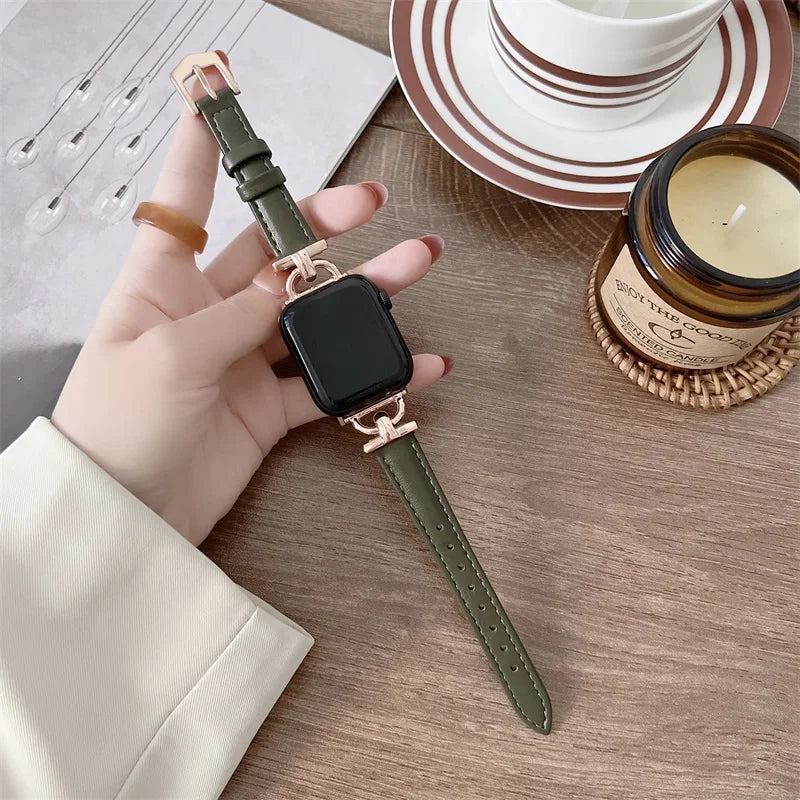 Apple Watch genuine leather strap in green showcased on a hand, combining elegance and durability for stylish smartwatch wear.