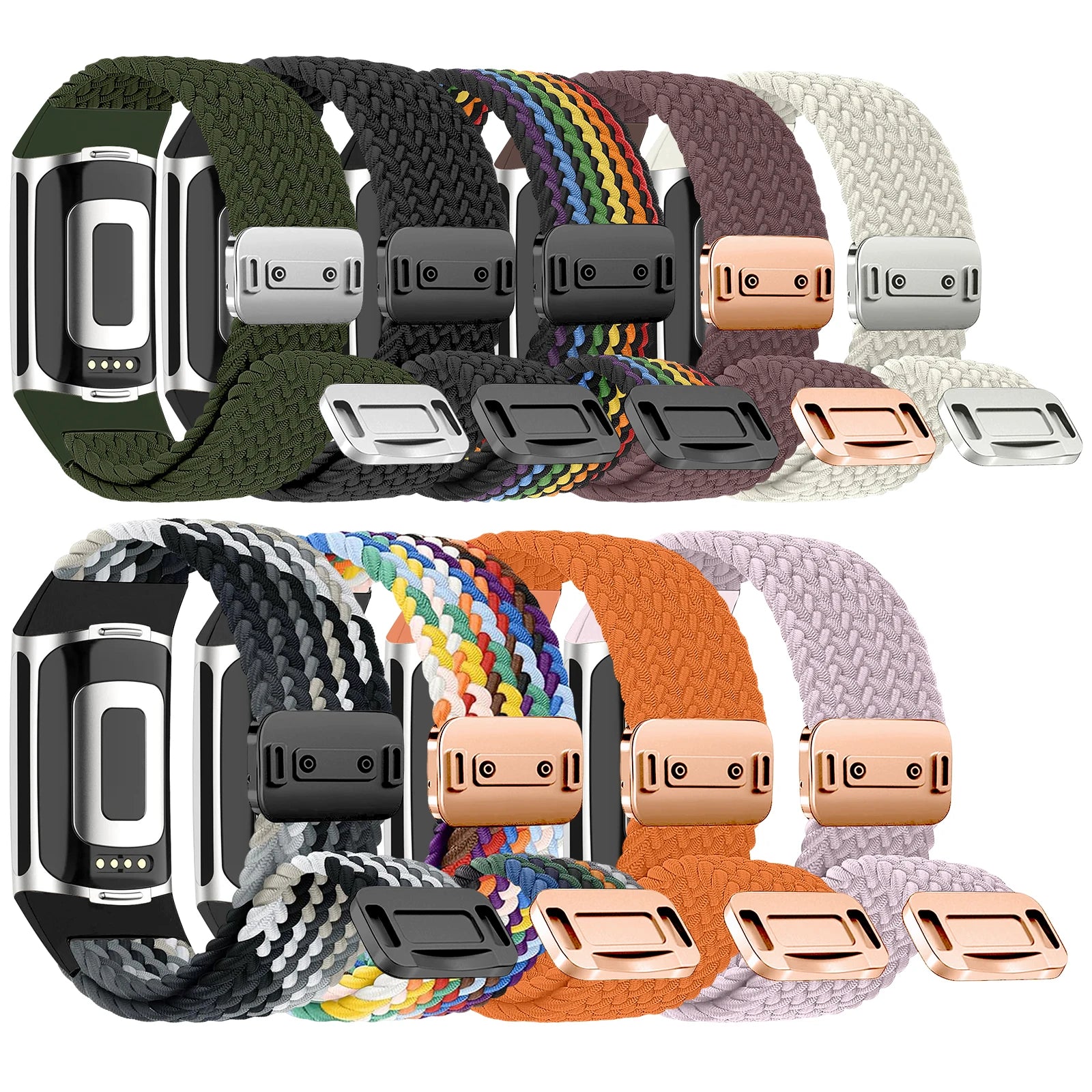 Fitbit Charge 5 & 6 braided bands with magnetic buckles in various colors and styles for smartwatches.