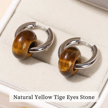 Golden tiger's eye donut drop earrings on stainless steel hoops