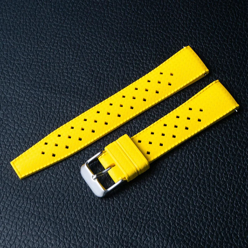 OnePlus Smartwatch Silicone Strap FKM Rubber Watch Band Bracelet in vibrant yellow color with holes for breathability.