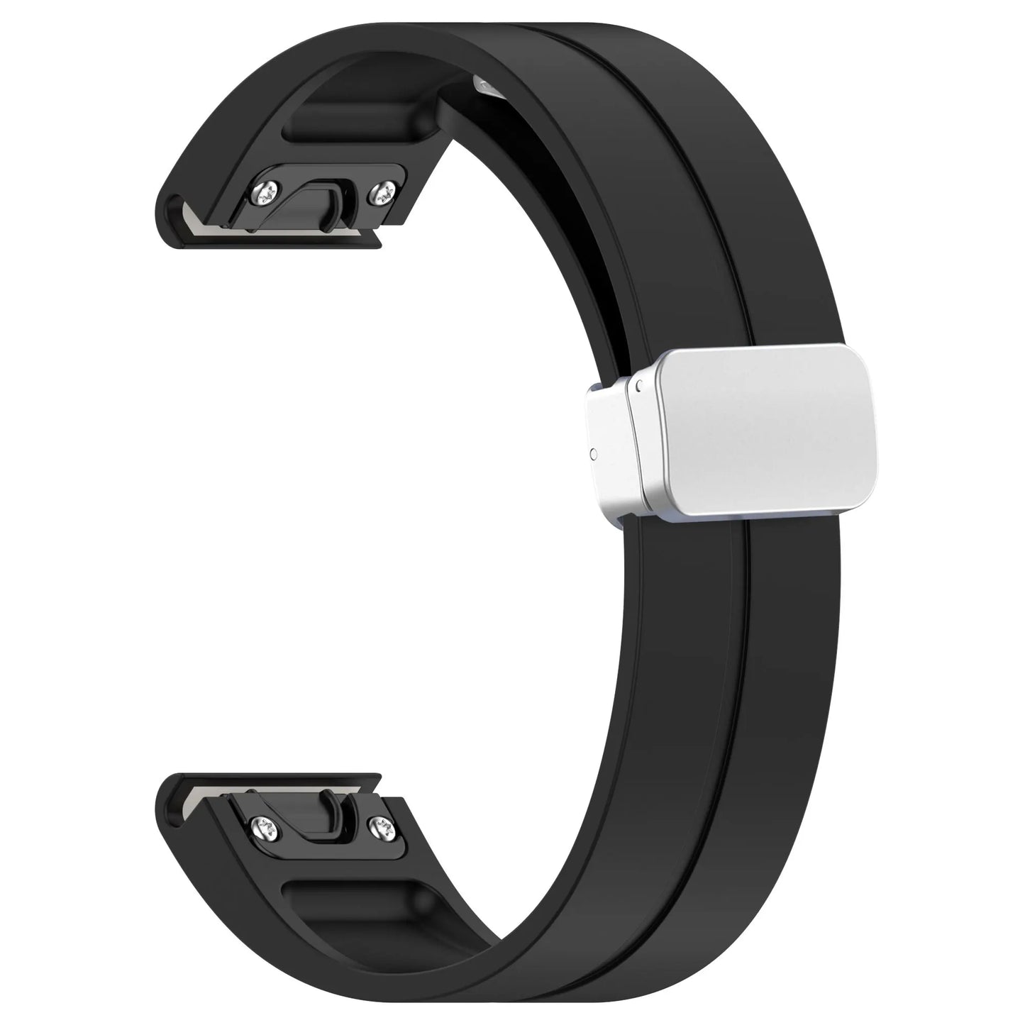 Garmin silicone smartwatch strap in black, durable, comfortable design for easy replacement and quickfit adjustment.