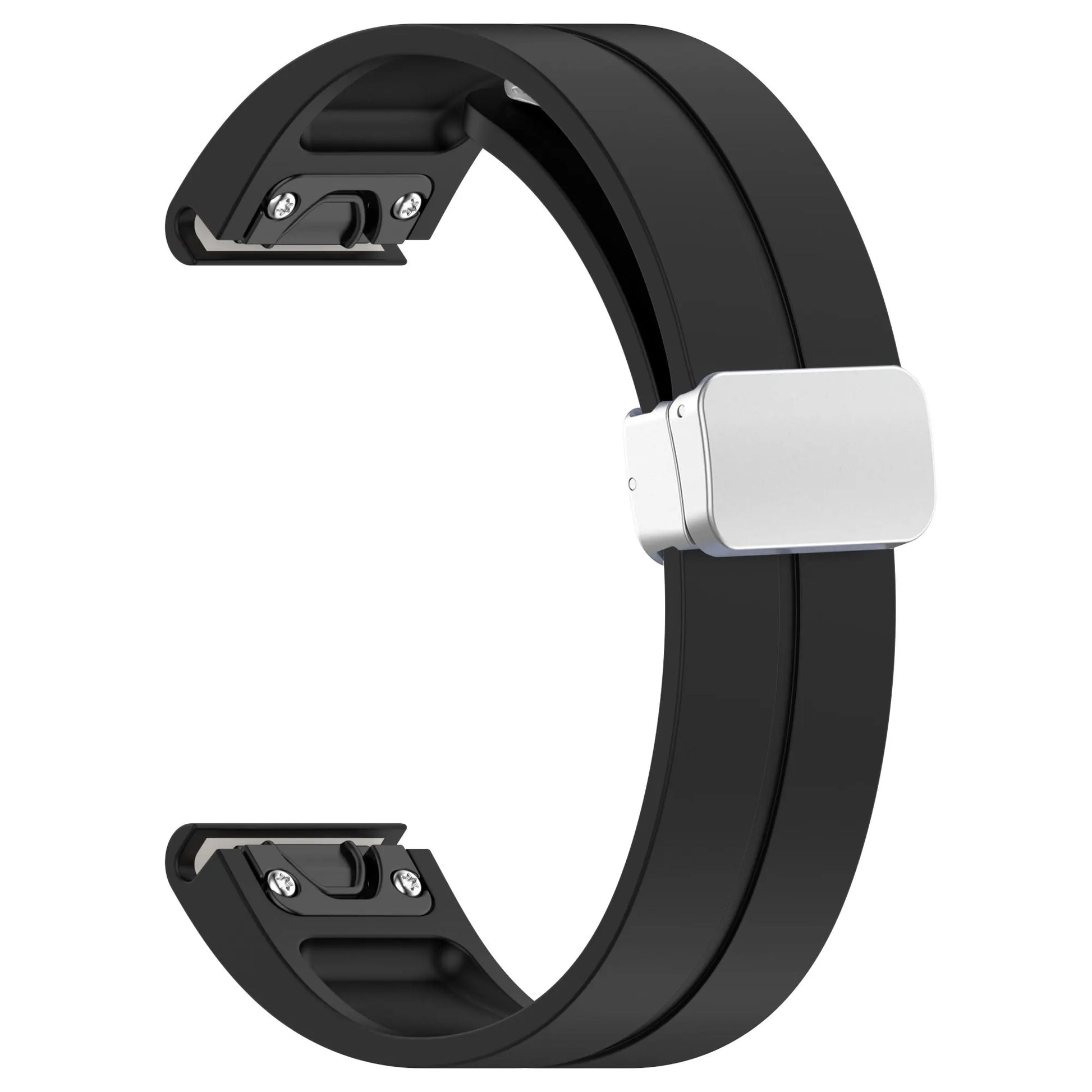Garmin silicone smartwatch strap in black, durable, comfortable design for easy replacement and quickfit adjustment.