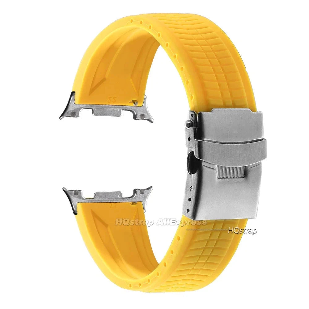 Samsung Galaxy Silicone Sport Watch Band - Watch8/Watch8 Classic/Watch9 Waterproof Buckle in yellow with textured ribbed design.