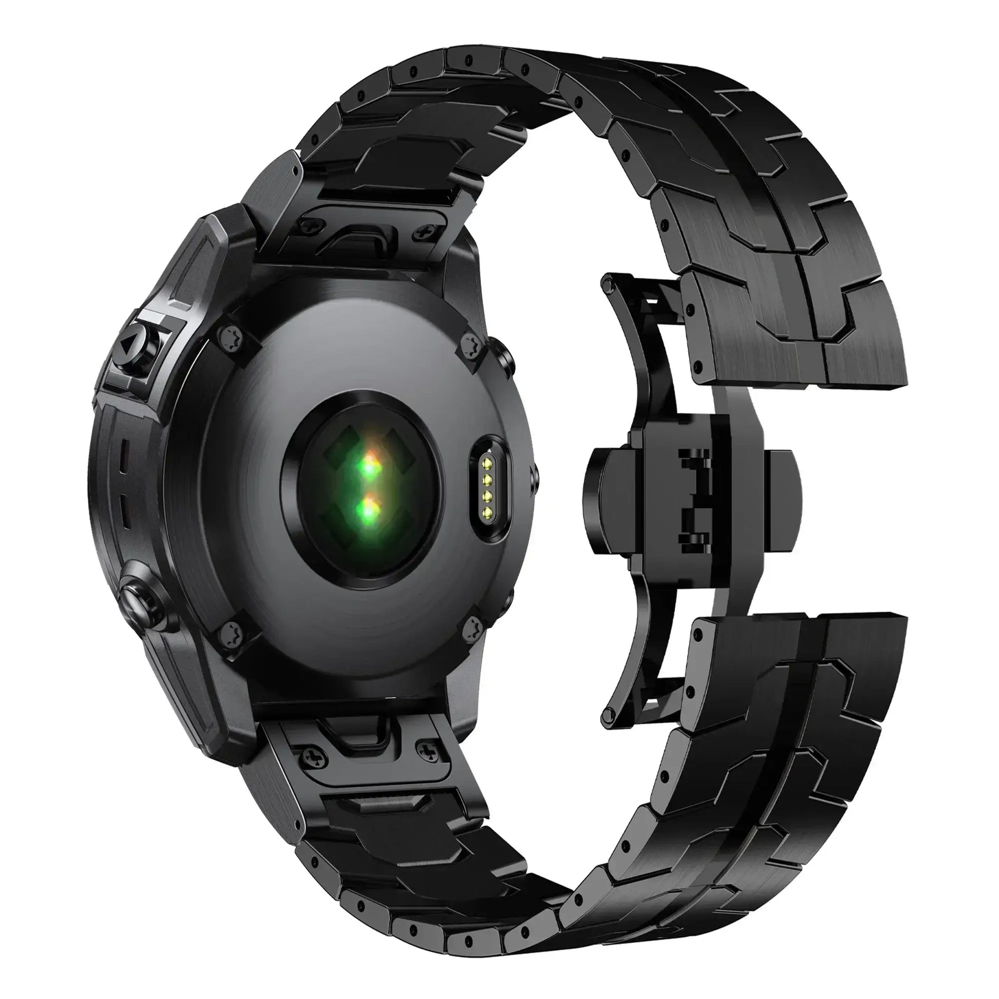 Stylish black stainless steel Garmin QuickFit band showcasing quick release feature and sleek design for active lifestyles.