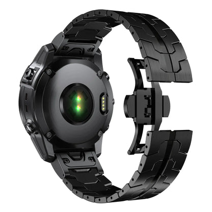 Stylish black stainless steel Garmin QuickFit band showcasing quick release feature and sleek design for active lifestyles.