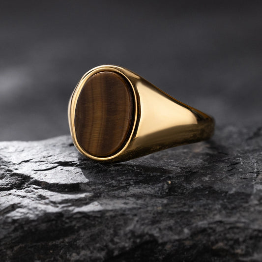Oval golden tiger's eye signet ring, gold-tone 316L stainless steel