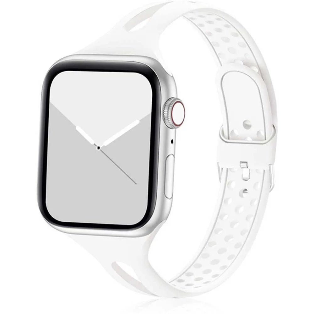 Apple Watch with white silicone strap, featuring a soft, flexible, and breathable design for all-day comfort.