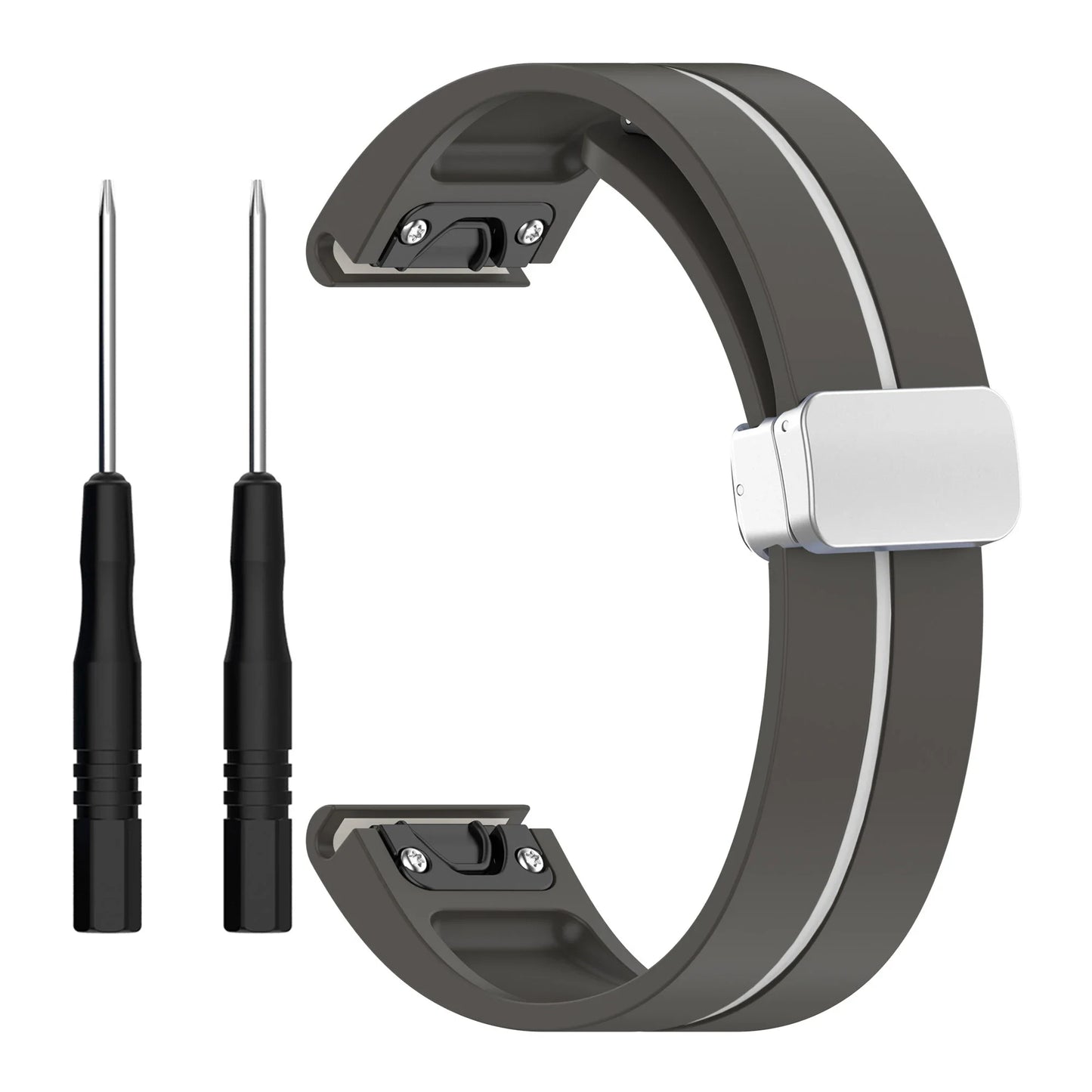 Garmin silicone replacement smartwatch strap in gray with quick-fit pins for easy installation.