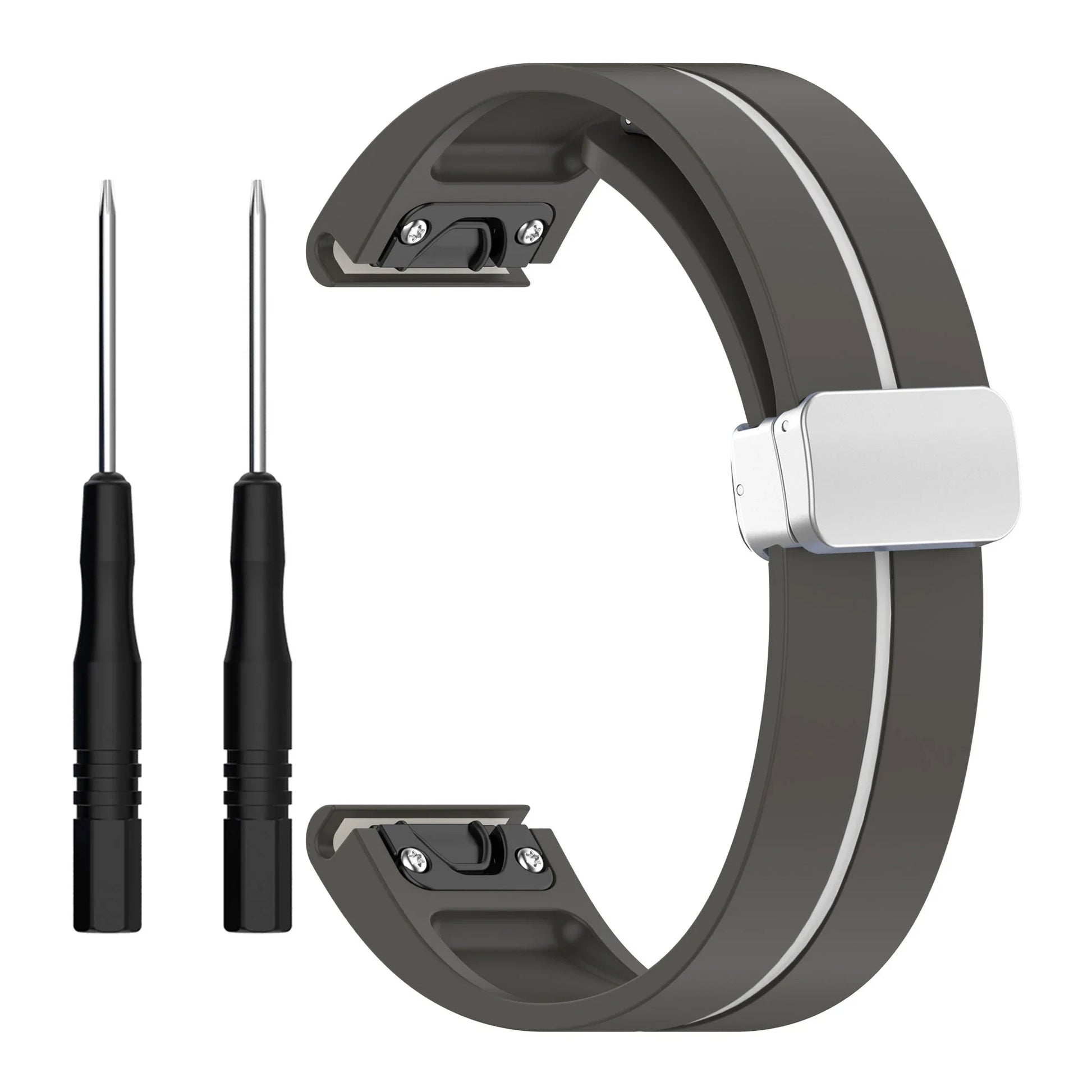 Garmin silicone replacement smartwatch strap in gray with quick-fit pins for easy installation.