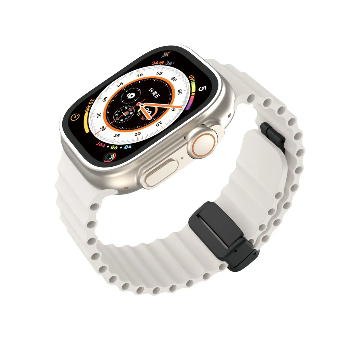 Angled view of white ridged silicone Apple Watch band
