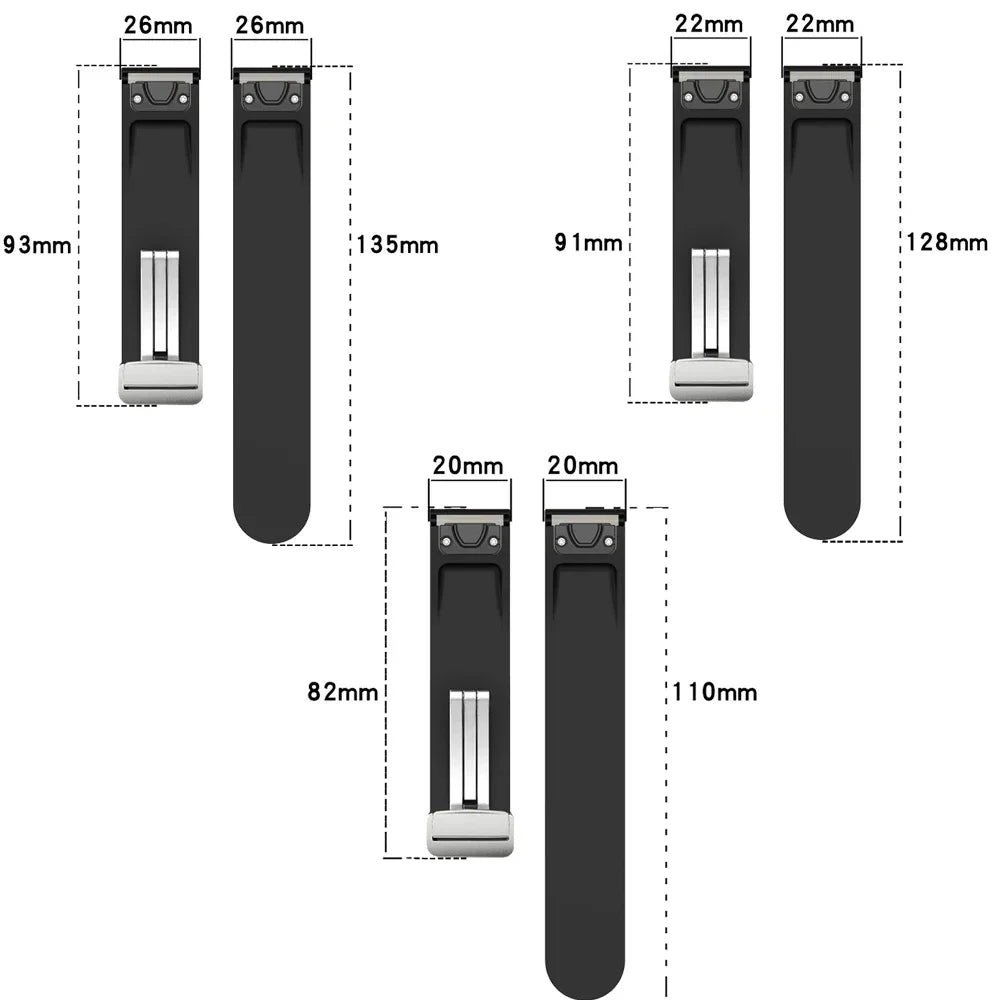 Garmin silicone strap dimensions, showcasing various sizes including 20mm, 22mm, and 26mm for perfect smartwatch fit.