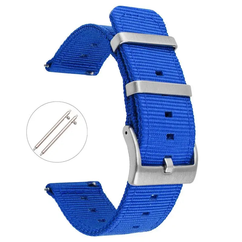 Tough nylon blue band for Samsung Galaxy watches with silver buckle and spring bars included.