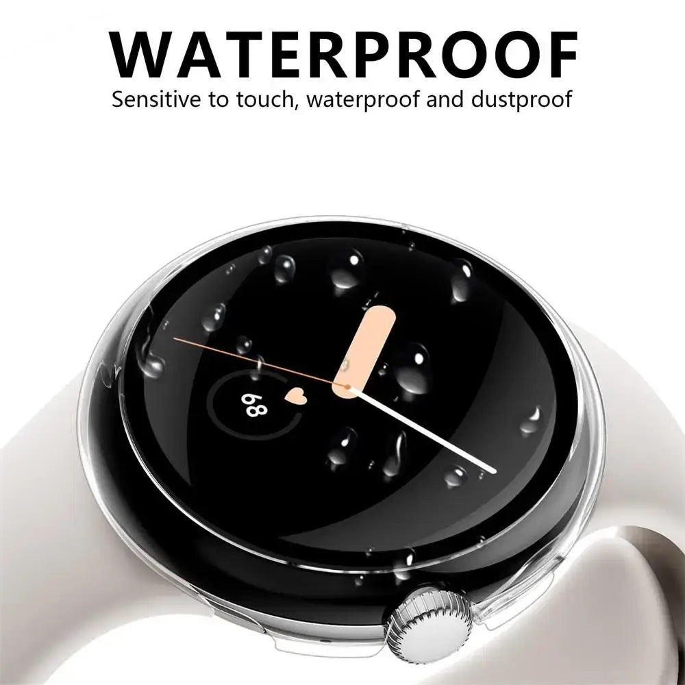 Waterproof Google Pixel watch case showing touch sensitivity and protection from dust and water.
