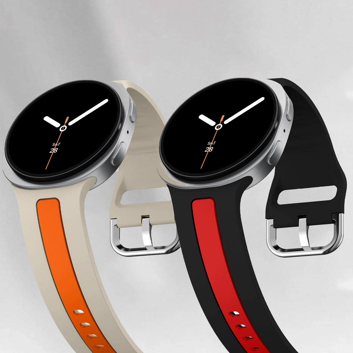 Samsung Galaxy Silicone Two-Tone Sport Watch Band - Watch8/Watch8 Classic/Watch9 in beige/orange and black/red color options.