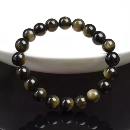 Golden or Silver Sheen Obsidian Bead Bracelet, 6mm or 8mm