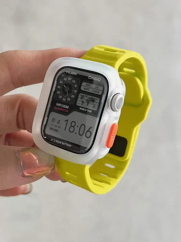 Frosted Clear / Neon Yellow Apple Watch silicone band and bumper case; case color listed first for two-color combinations.