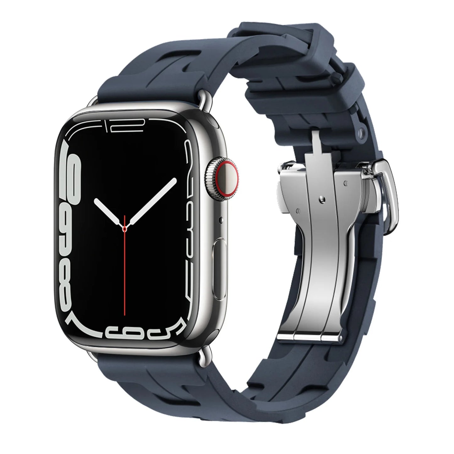 Apple Watch Silicone Band in navy blue, soft flexible waterproof strap for enhanced comfort and durability.