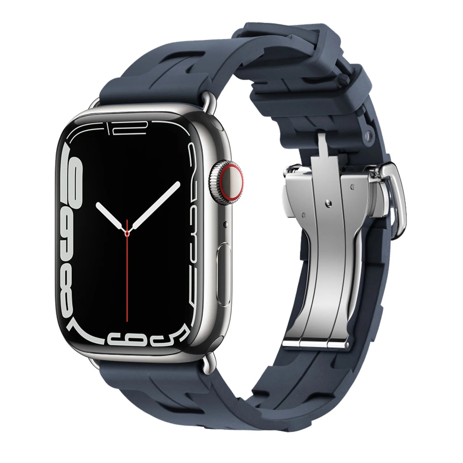 Apple Watch Silicone Band in navy blue, soft flexible waterproof strap for enhanced comfort and durability.