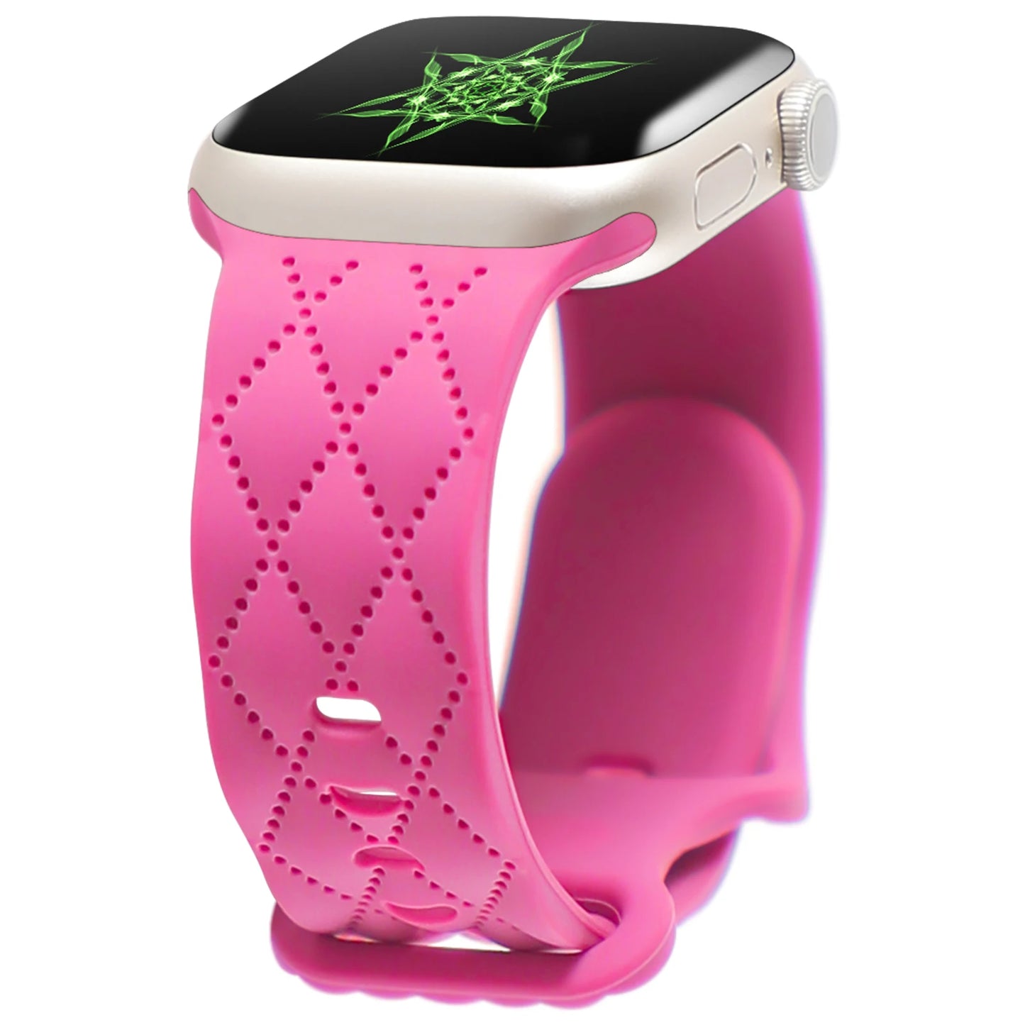 Apple Watch with pink silicone strap featuring a stylish diamond pattern, designed for comfort and waterproof durability.