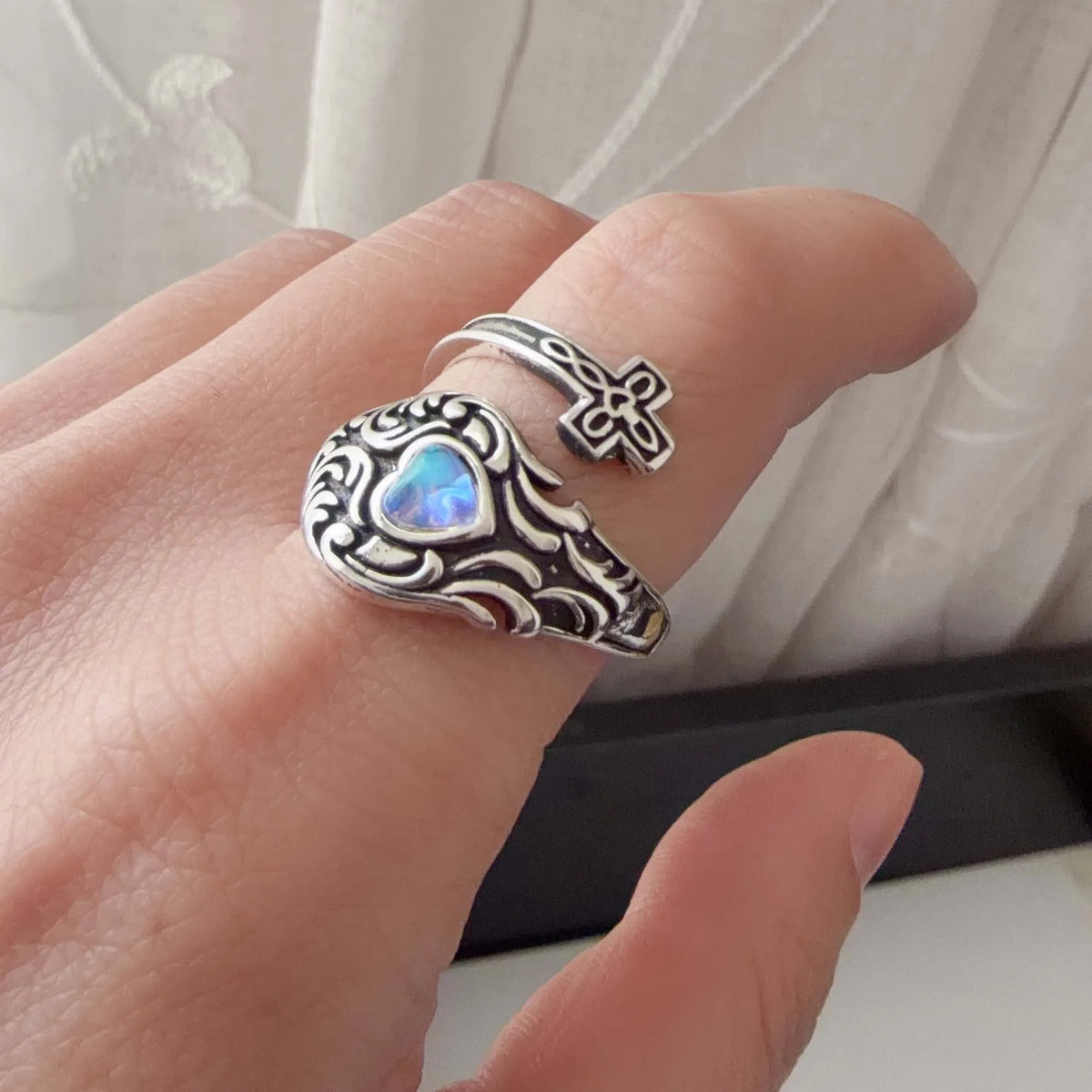 Vintage Simulated Moonstone Wrap Ring, Adjustable, 925 Sterling Silver, photo 5
