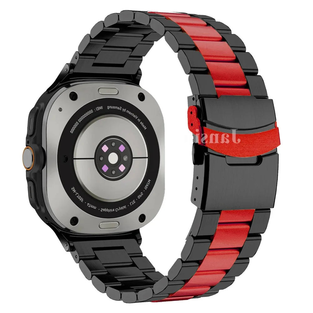 Samsung Galaxy Stainless Steel Link Watch Band - Ultra/Ultra2 in black and red, compatible with 47mm Galaxy Watch models.