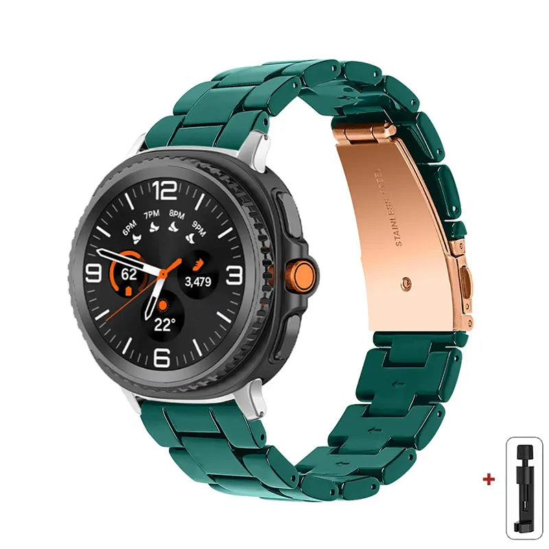 Samsung Galaxy Resin Link Watch Band - Tortoise Women Watch8/Watch8 Classic/Watch9 Ultra/Ultra2 in green with gold clasp.