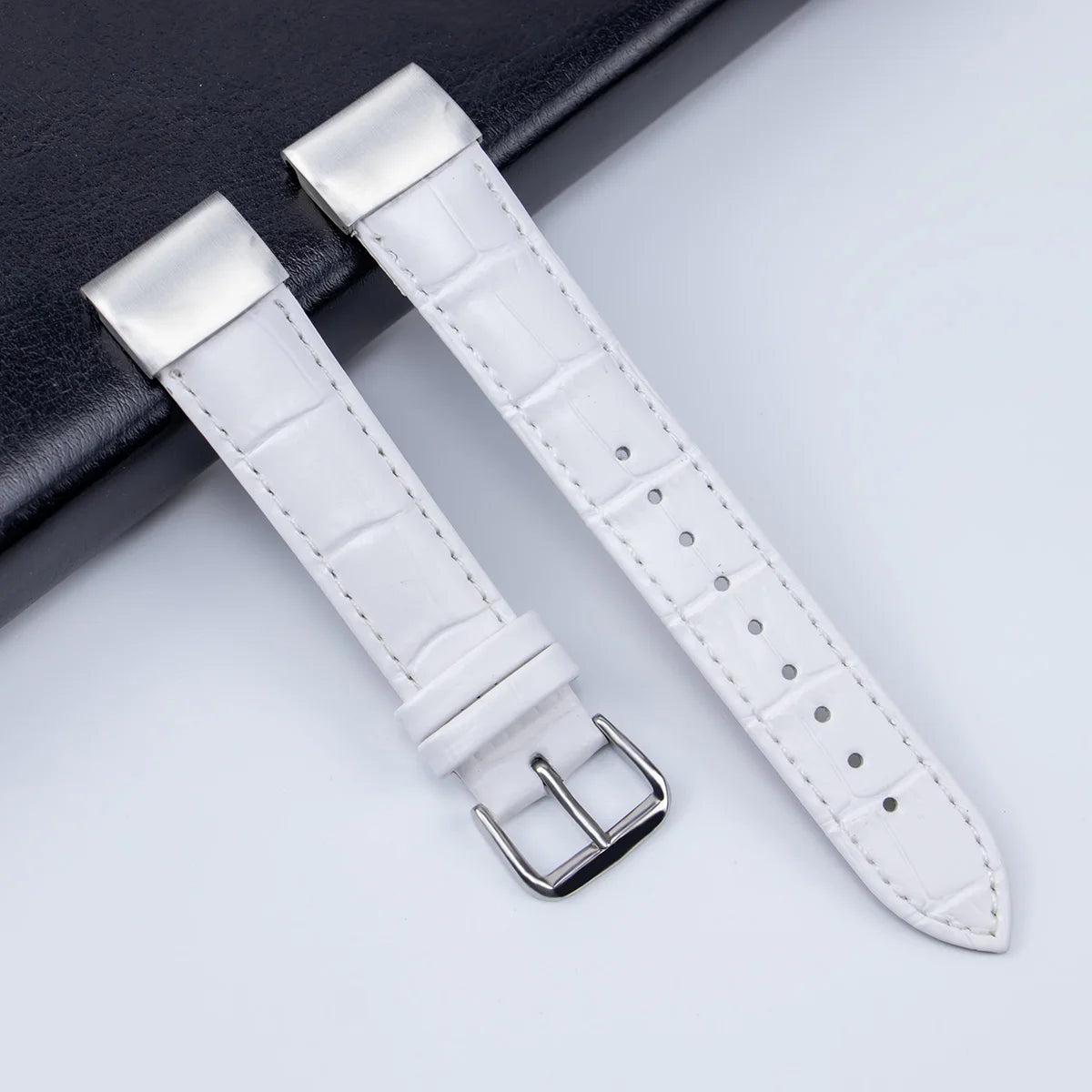 Premium white leather smartwatch strap with silver buckle, ideal for Garmin replacement band.