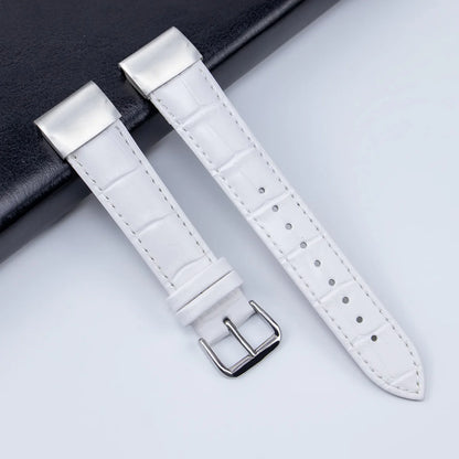 Premium white leather smartwatch strap with silver buckle, ideal for Garmin replacement band.