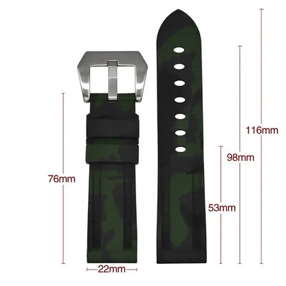Silicone Huawei Watch band in camo design, measuring 116mm and 22mm wide, perfect for a modern aesthetic.